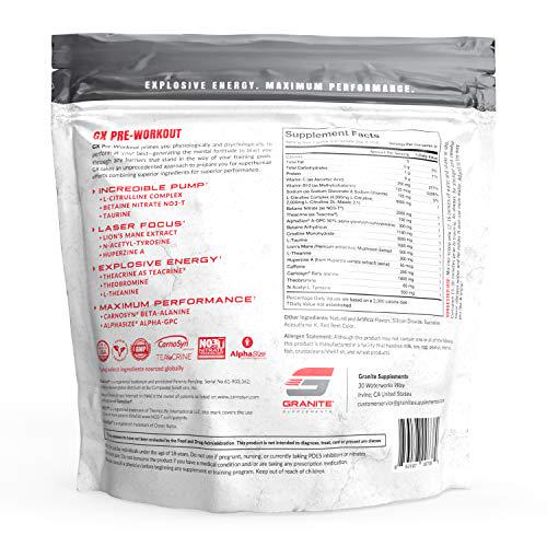 Granite GX Pre-Workout Supplement (Watermelon) Advanced Formula for Pump, Focus, Energy, Performance | Citrulline, Taurine, Lions Mane, Tyrosine, Teacrine, Betaine, Carnosyn, Creatine | Vegan, USA