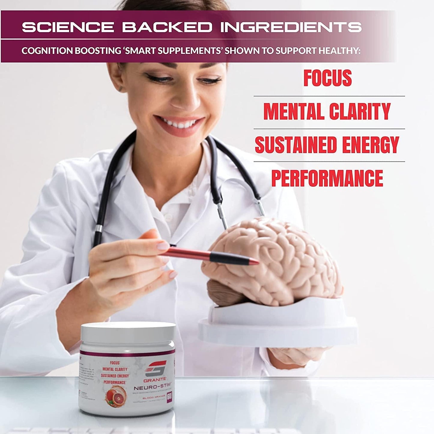Granite Neuro-Stim (Blood Orange) Brain Boosting Nootropic + Energy Formula | Supports Healthy Mental Focus, Clarity and Performance | Vegan, Soy Free, Gluten Free (60 Servings)