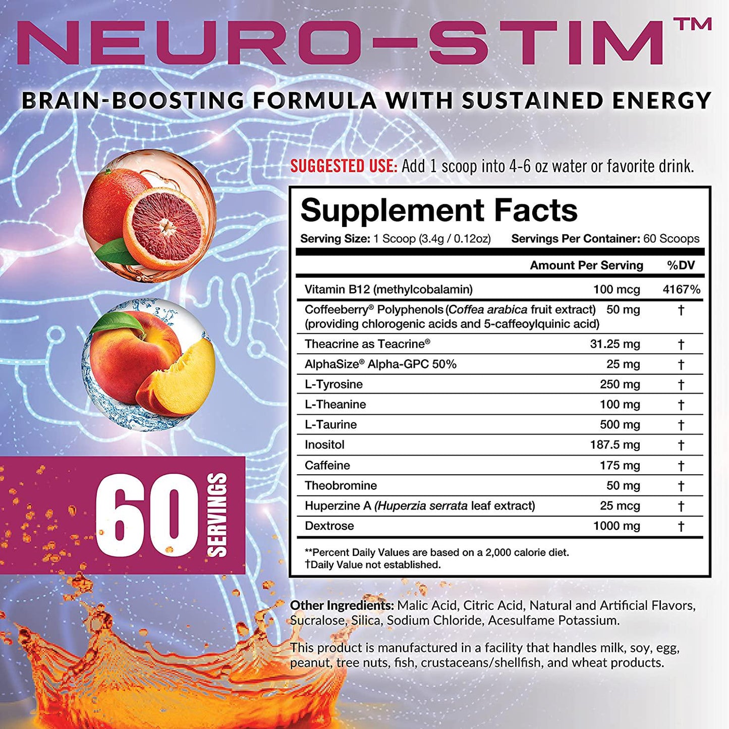 Granite Neuro-Stim (Blood Orange) Brain Boosting Nootropic + Energy Formula | Supports Healthy Mental Focus, Clarity and Performance | Vegan, Soy Free, Gluten Free (60 Servings)