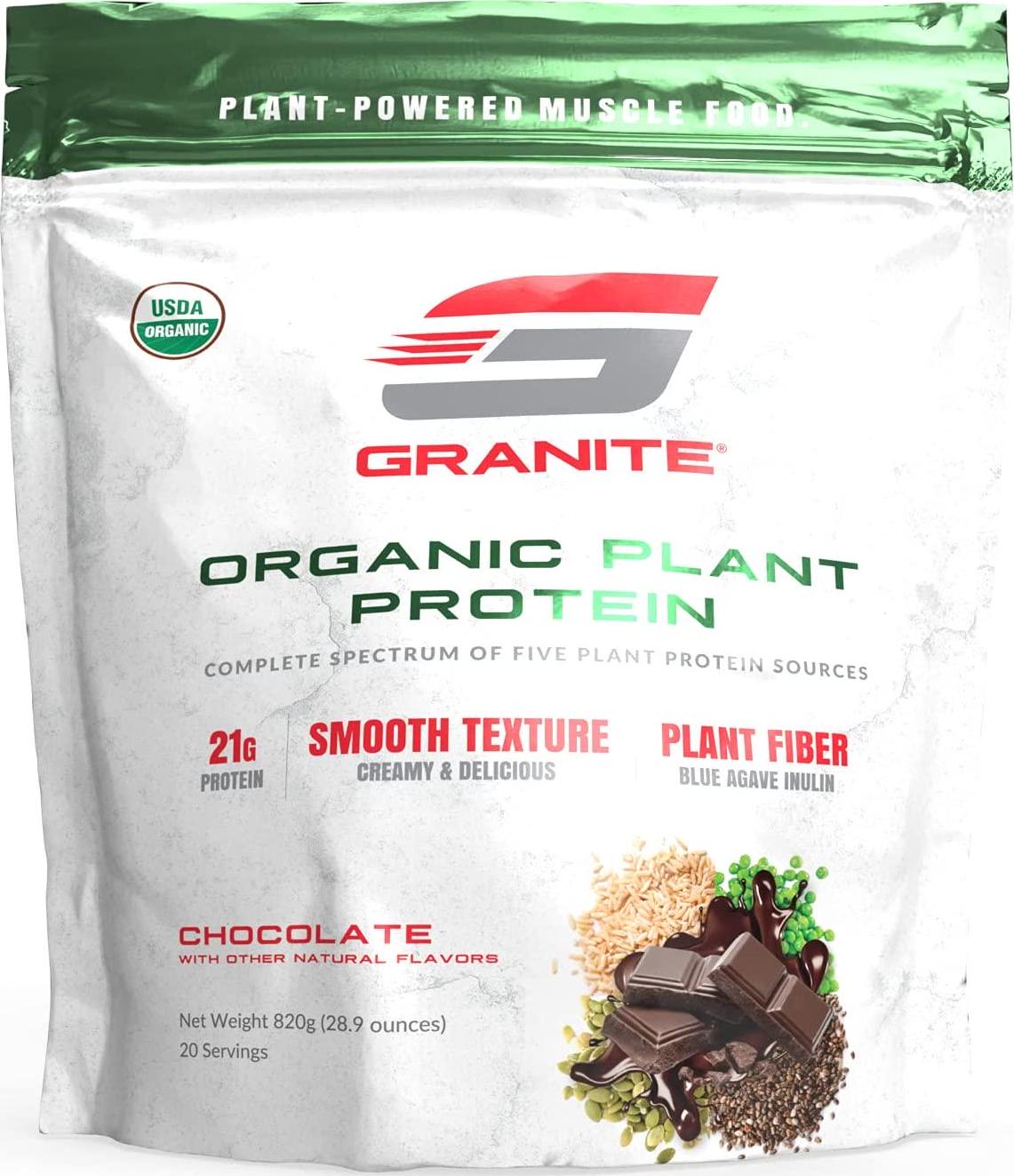 Granite Organic Vegan Plant Protein (Chocolate) | 21g Complete Spectrum Protein to Build Lean Muscle | 5 Plant Sources: Pea, Pumpkin, Chia, Rice, Coconut Milk | No Gluten, Dairy or Soy | 1.8lb