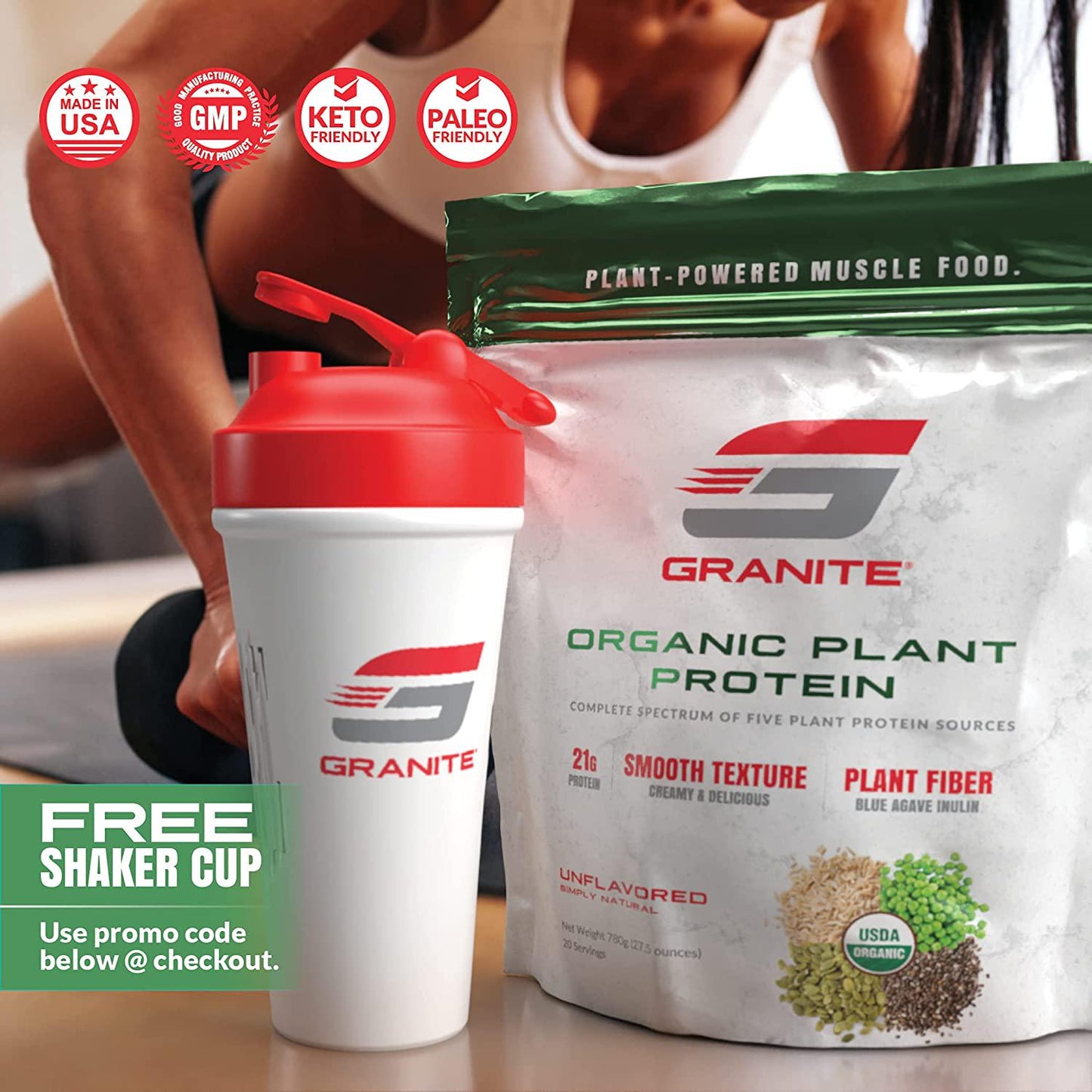 Granite Organic Vegan Plant Protein (Chocolate) | 21g Complete Spectrum Protein to Build Lean Muscle | 5 Plant Sources: Pea, Pumpkin, Chia, Rice, Coconut Milk | No Gluten, Dairy or Soy | 1.8lb