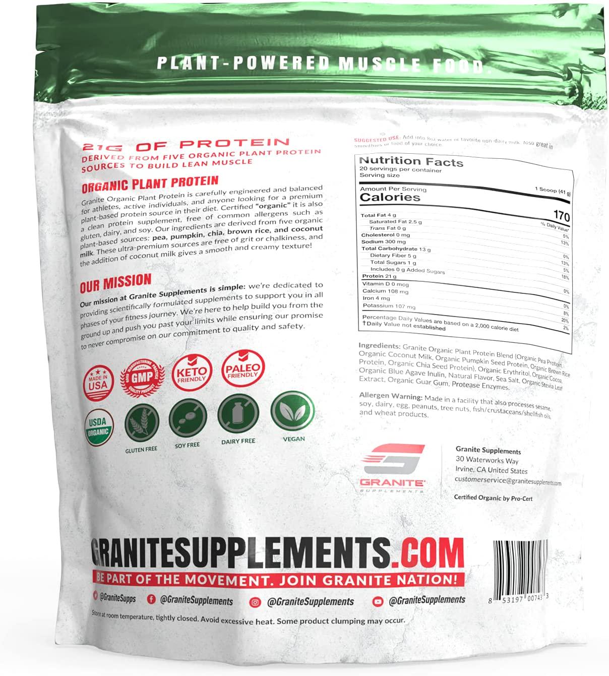 Granite Organic Vegan Plant Protein (Chocolate) | 21g Complete Spectrum Protein to Build Lean Muscle | 5 Plant Sources: Pea, Pumpkin, Chia, Rice, Coconut Milk | No Gluten, Dairy or Soy | 1.8lb