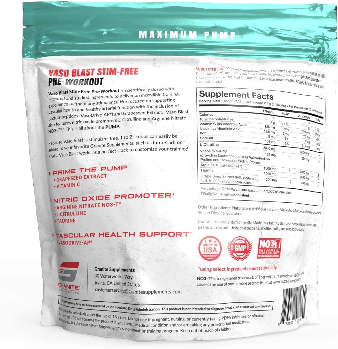 Granite Vaso Blast Advanced 'Stim-Free' Pre-Workout (Cherry Lime) | Supports Vasodialation, NO Conversion, and ACE Inhibition for Max Pump with Grapeseed Extract, Arginine Nitrite, and VasoDrive-AP