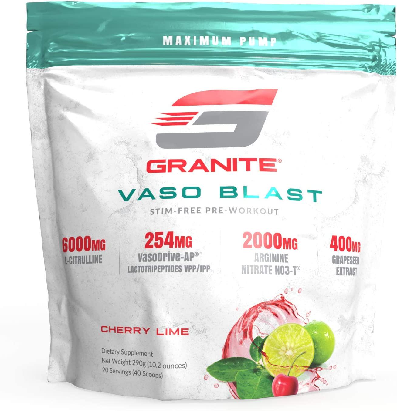 Granite Vaso Blast Advanced 'Stim-Free' Pre-Workout (Cherry Lime) | Supports Vasodialation, NO Conversion, and ACE Inhibition for Max Pump with Grapeseed Extract, Arginine Nitrite, and VasoDrive-AP
