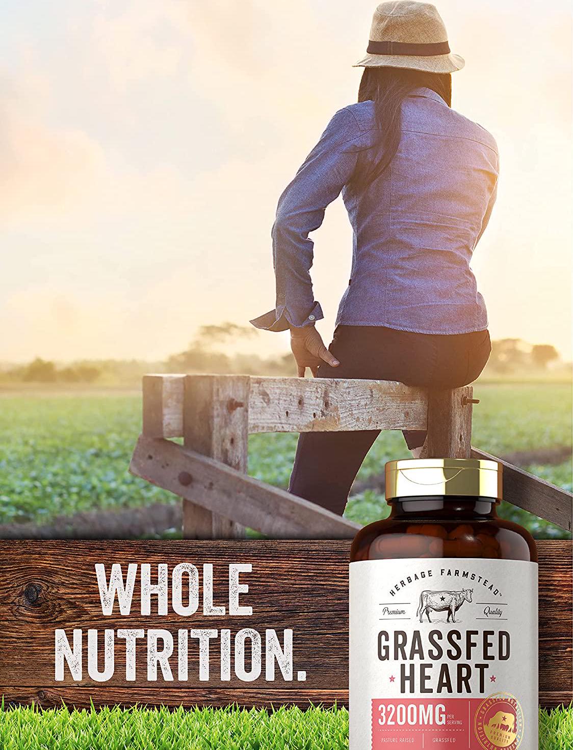 Grass Fed Beef Heart 3200mg | 200 Capsules | Desiccated Pasture Raised Bovine Supplement | Non-GMO, Gluten Free | by Herbage Farmstead