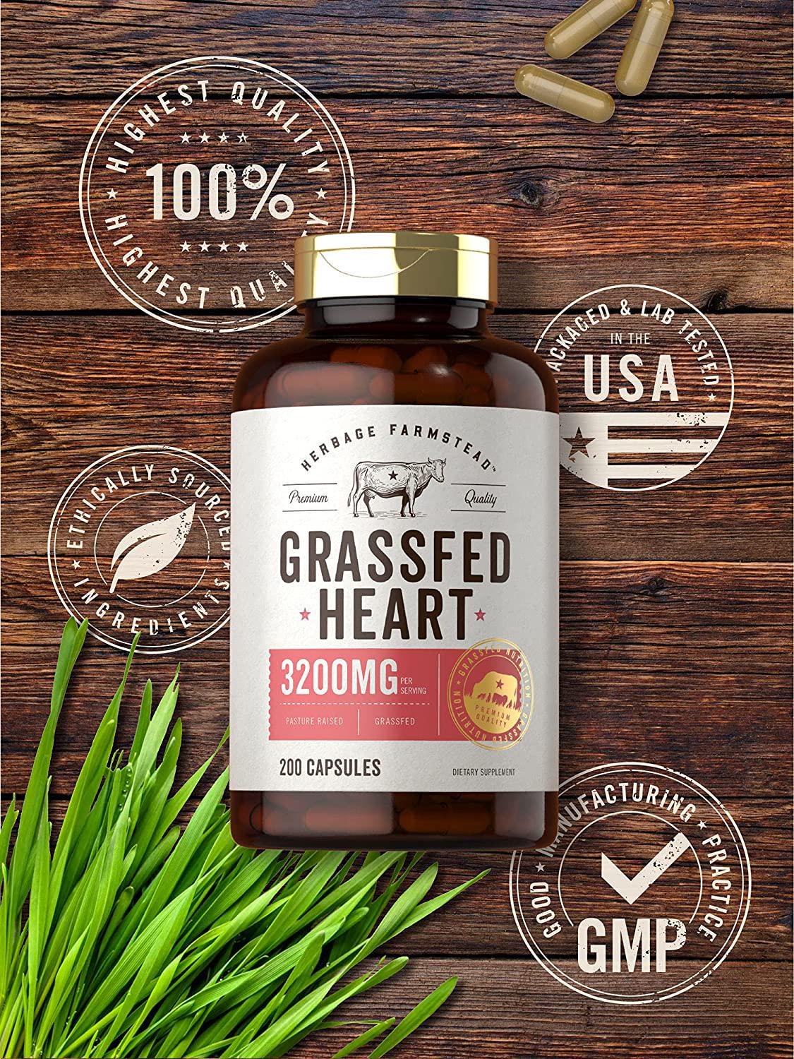 Grass Fed Beef Heart 3200mg | 200 Capsules | Desiccated Pasture Raised Bovine Supplement | Non-GMO, Gluten Free | by Herbage Farmstead