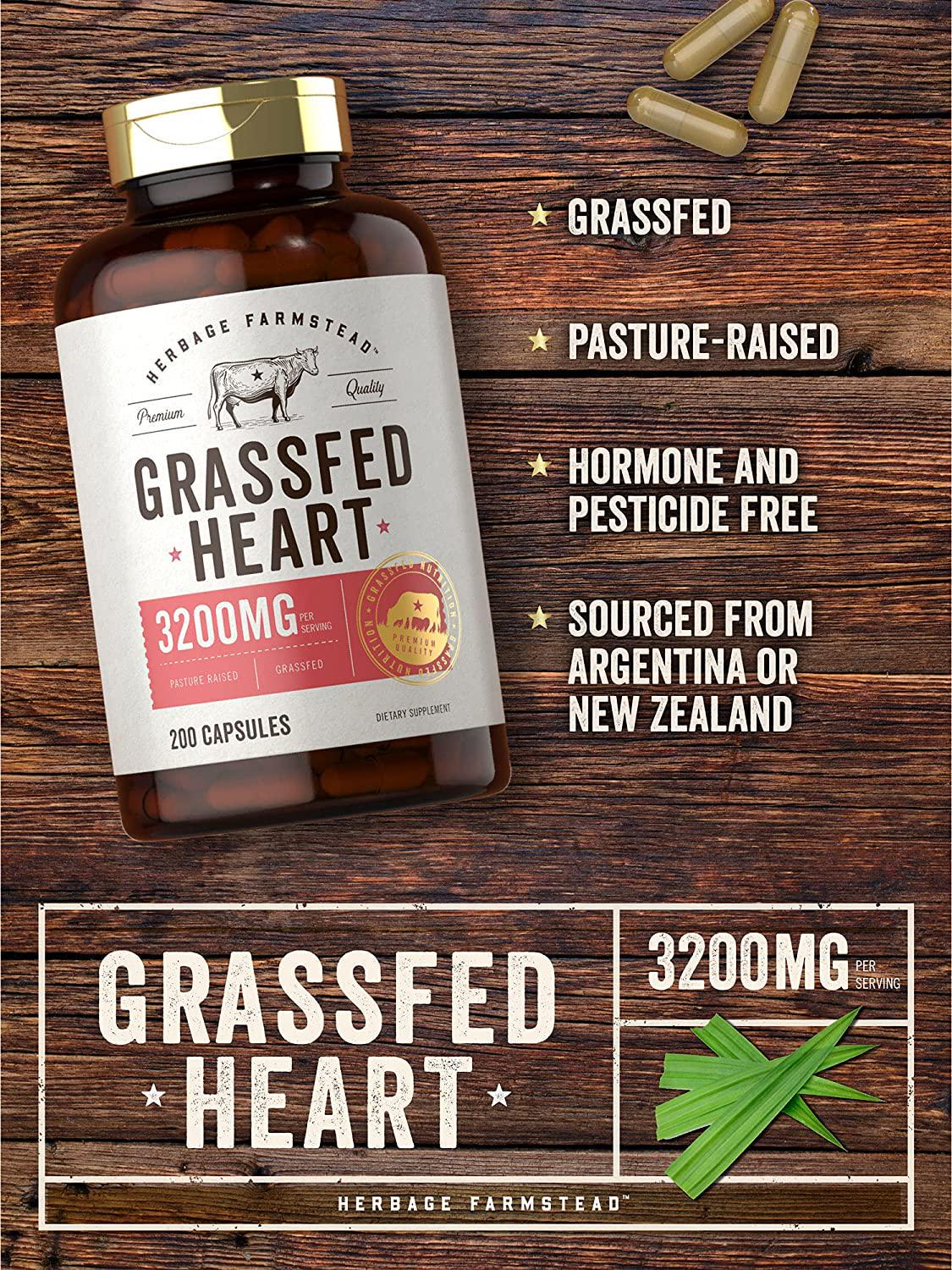 Grass Fed Beef Heart 3200mg | 200 Capsules | Desiccated Pasture Raised Bovine Supplement | Non-GMO, Gluten Free | by Herbage Farmstead