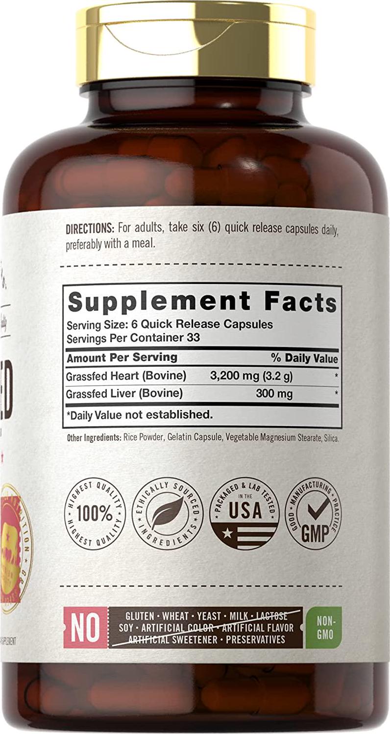 Grass Fed Beef Heart 3200mg | 200 Capsules | Desiccated Pasture Raised Bovine Supplement | Non-GMO, Gluten Free | by Herbage Farmstead