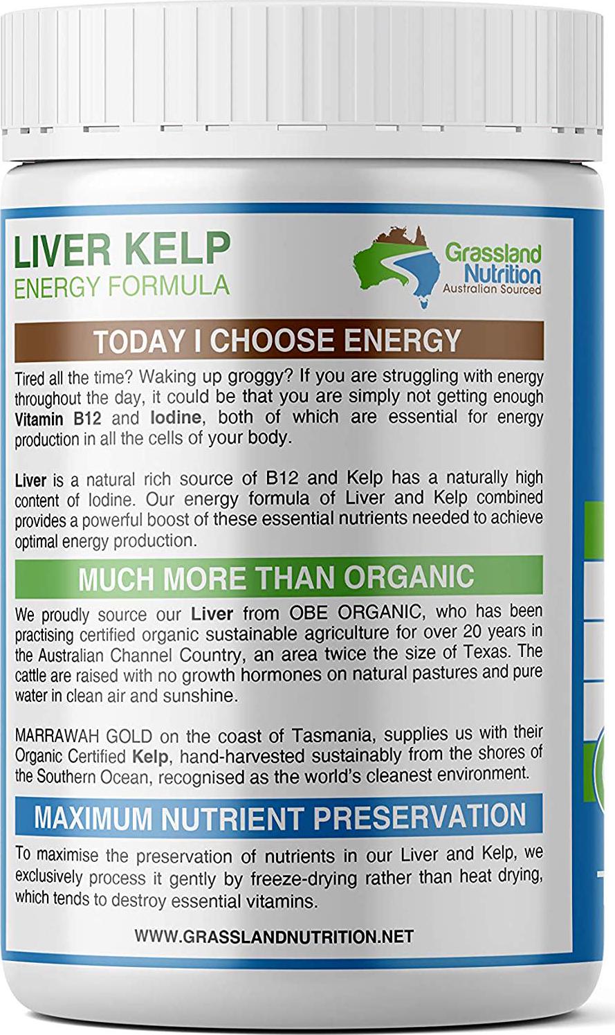 Grass Fed Beef Liver with Wild Harvested Kelp 100% Organically/Halal Sourced 2-IN-1 Energy Formula — Natural B12, Iodine, Iron and Vitamin A (180 Capsules)