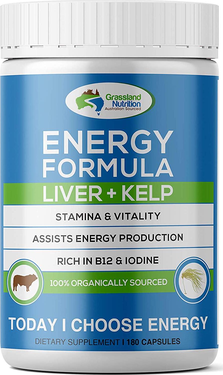 Grass Fed Beef Liver with Wild Harvested Kelp 100% Organically/Halal Sourced 2-IN-1 Energy Formula — Natural B12, Iodine, Iron and Vitamin A (180 Capsules)