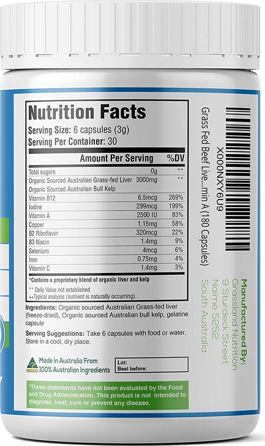 Grass Fed Beef Liver with Wild Harvested Kelp 100% Organically/Halal Sourced 2-IN-1 Energy Formula — Natural B12, Iodine, Iron and Vitamin A (180 Capsules)