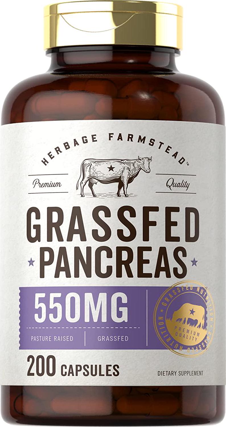 Grass Fed Beef Pancreas 550mg | 200 Capsules | Desiccated Pasture Raised Bovine Supplement | Non-GMO, Gluten Free | by Herbage Farmstead