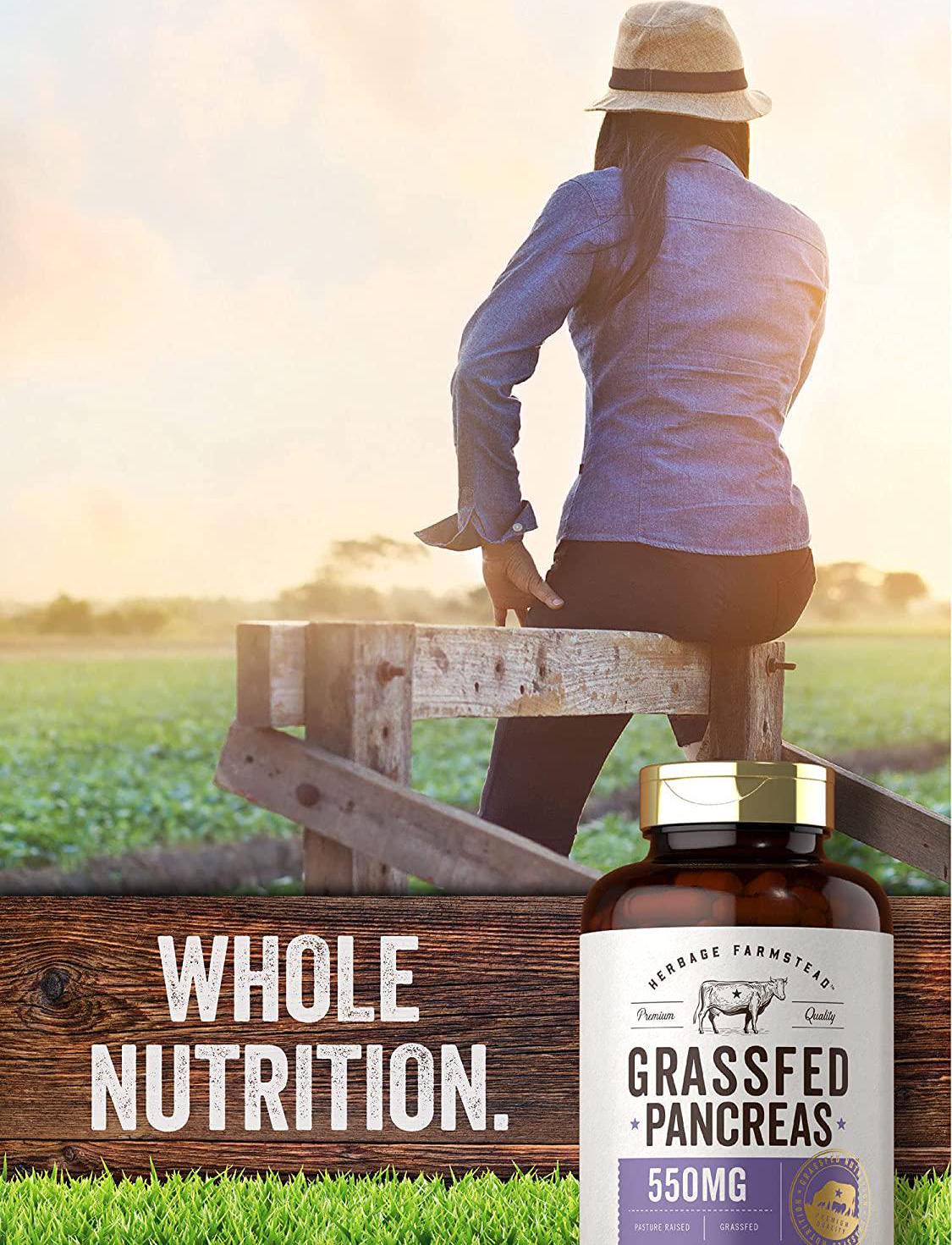 Grass Fed Beef Pancreas 550mg | 200 Capsules | Desiccated Pasture Raised Bovine Supplement | Non-GMO, Gluten Free | by Herbage Farmstead