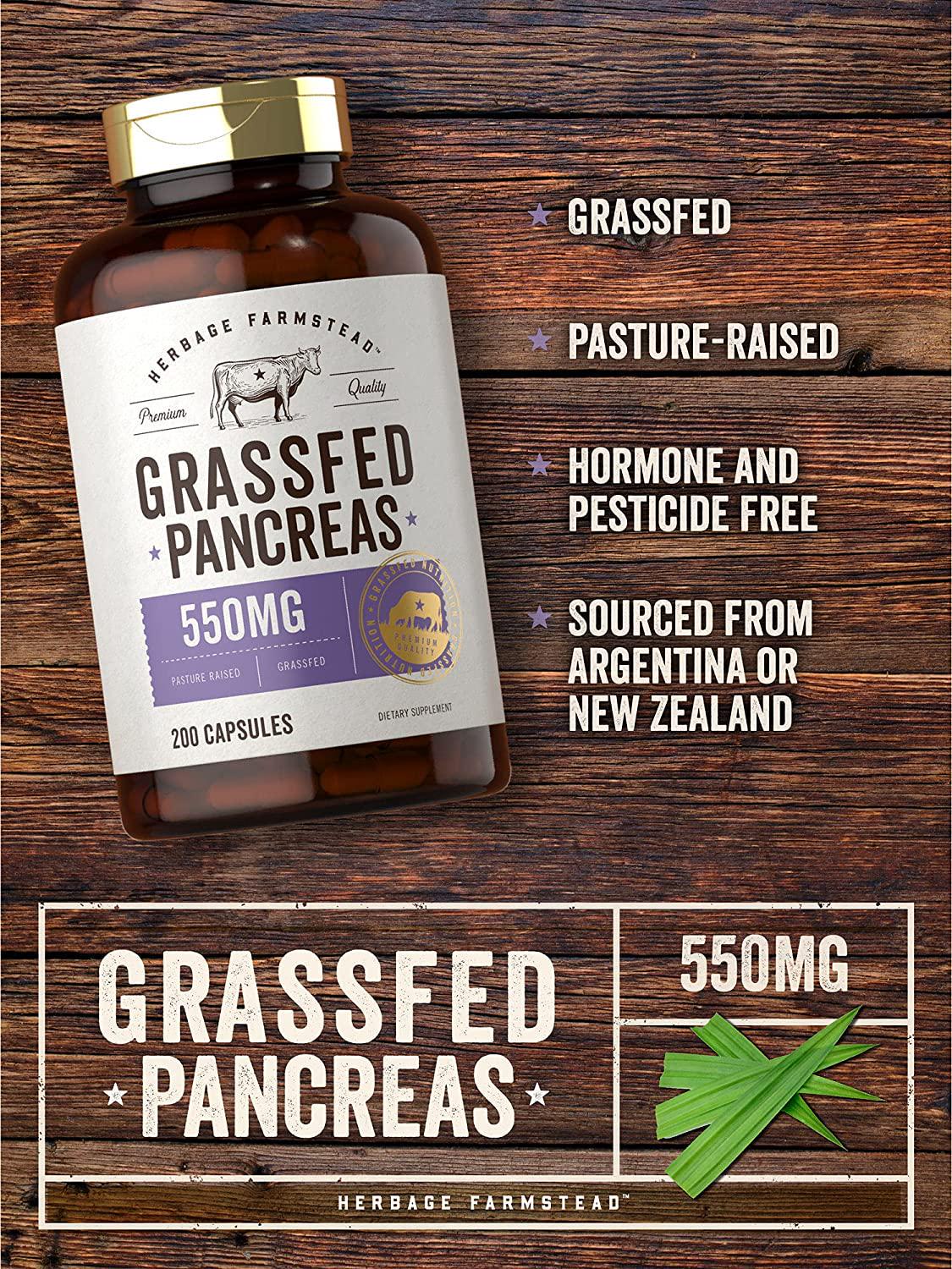 Grass Fed Beef Pancreas 550mg | 200 Capsules | Desiccated Pasture Raised Bovine Supplement | Non-GMO, Gluten Free | by Herbage Farmstead