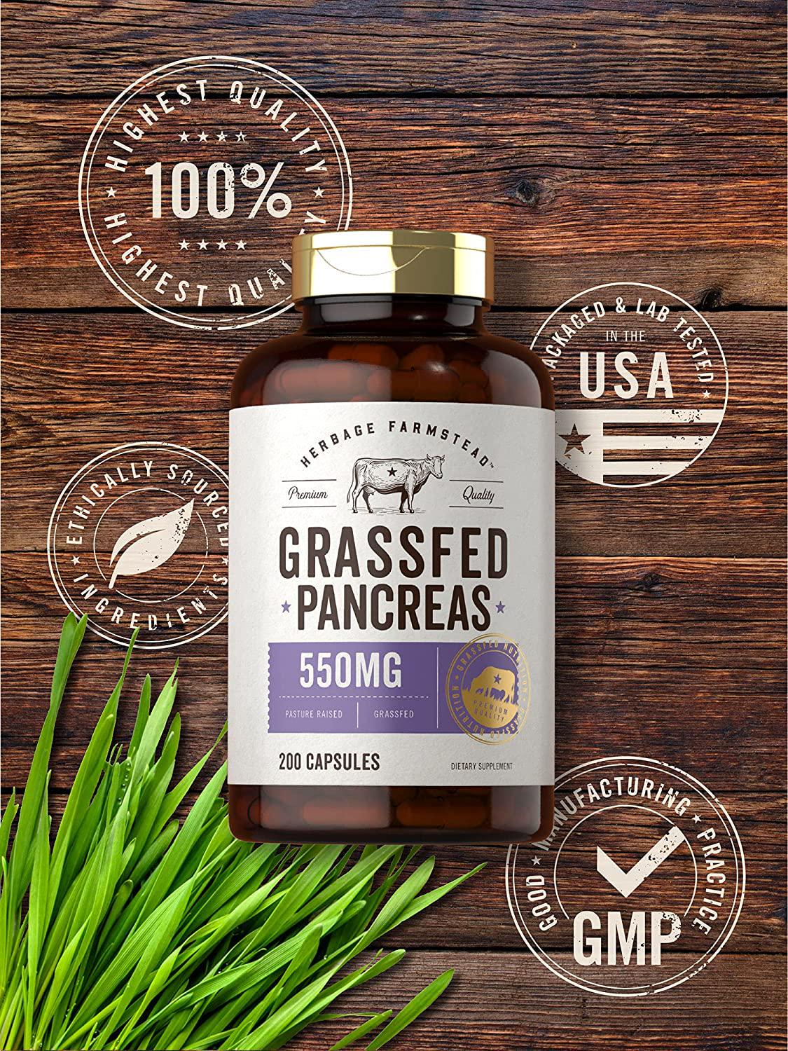 Grass Fed Beef Pancreas 550mg | 200 Capsules | Desiccated Pasture Raised Bovine Supplement | Non-GMO, Gluten Free | by Herbage Farmstead