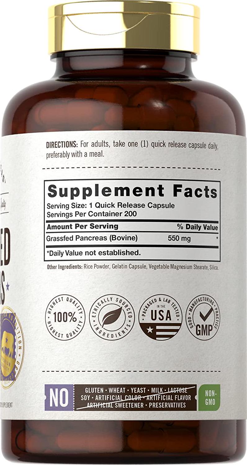 Grass Fed Beef Pancreas 550mg | 200 Capsules | Desiccated Pasture Raised Bovine Supplement | Non-GMO, Gluten Free | by Herbage Farmstead