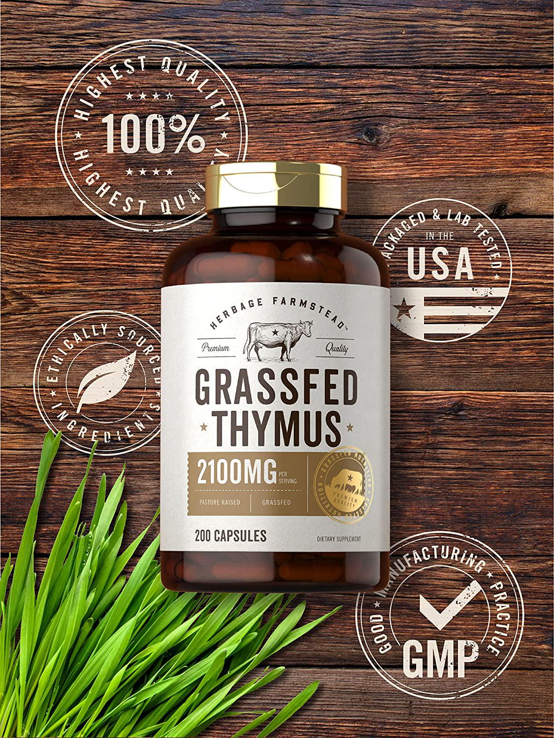 Grass Fed Beef Thymus 2100mg | 200 Capsules | Desiccated Pasture Raised Bovine Supplement | Non-GMO, Gluten Free | by Herbage Farmstead