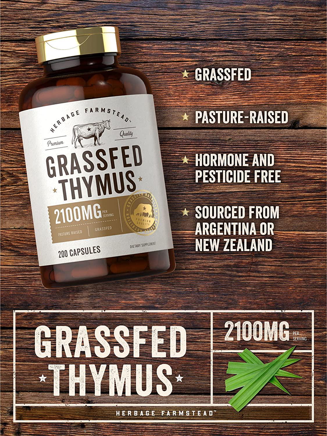 Grass Fed Beef Thymus 2100mg | 200 Capsules | Desiccated Pasture Raised Bovine Supplement | Non-GMO, Gluten Free | by Herbage Farmstead