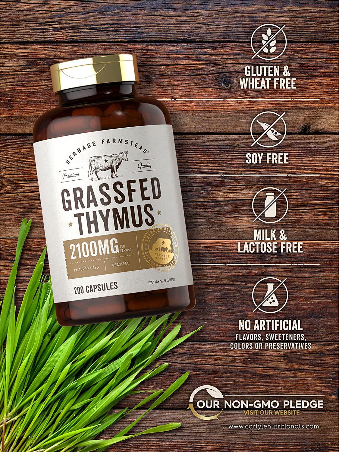 Grass Fed Beef Thymus 2100mg | 200 Capsules | Desiccated Pasture Raised Bovine Supplement | Non-GMO, Gluten Free | by Herbage Farmstead
