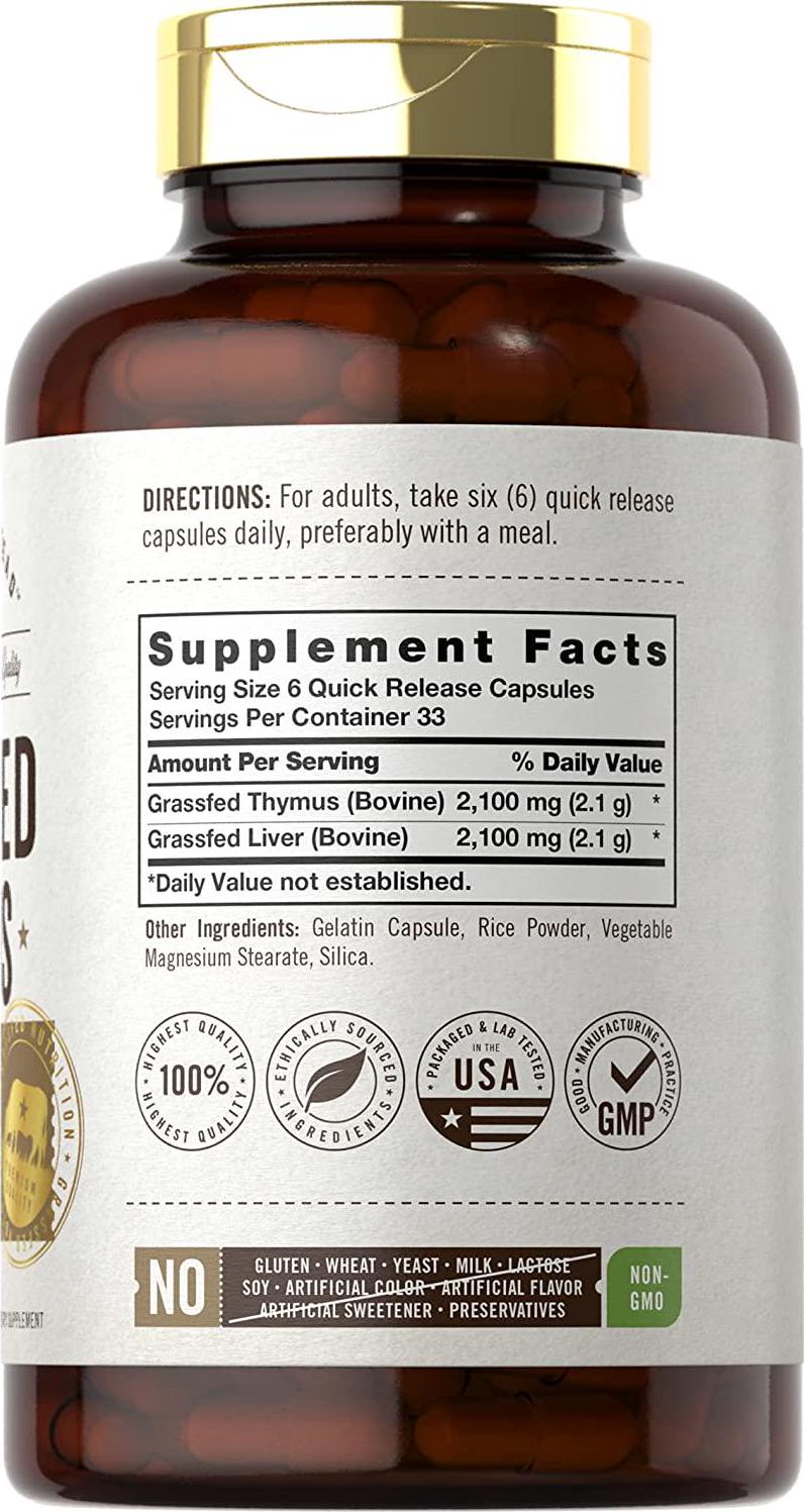 Grass Fed Beef Thymus 2100mg | 200 Capsules | Desiccated Pasture Raised Bovine Supplement | Non-GMO, Gluten Free | by Herbage Farmstead