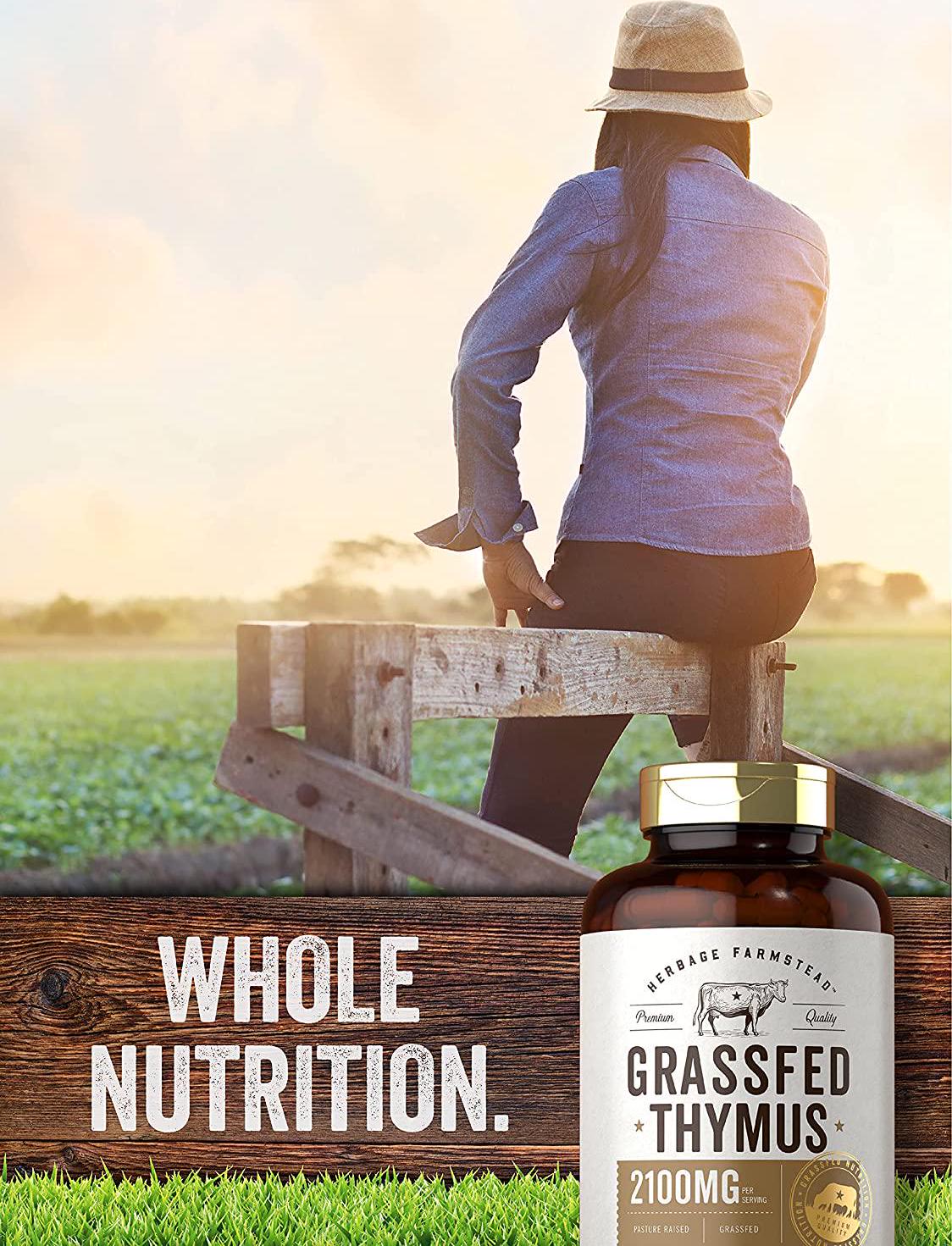 Grass Fed Beef Thymus 2100mg | 200 Capsules | Desiccated Pasture Raised Bovine Supplement | Non-GMO, Gluten Free | by Herbage Farmstead