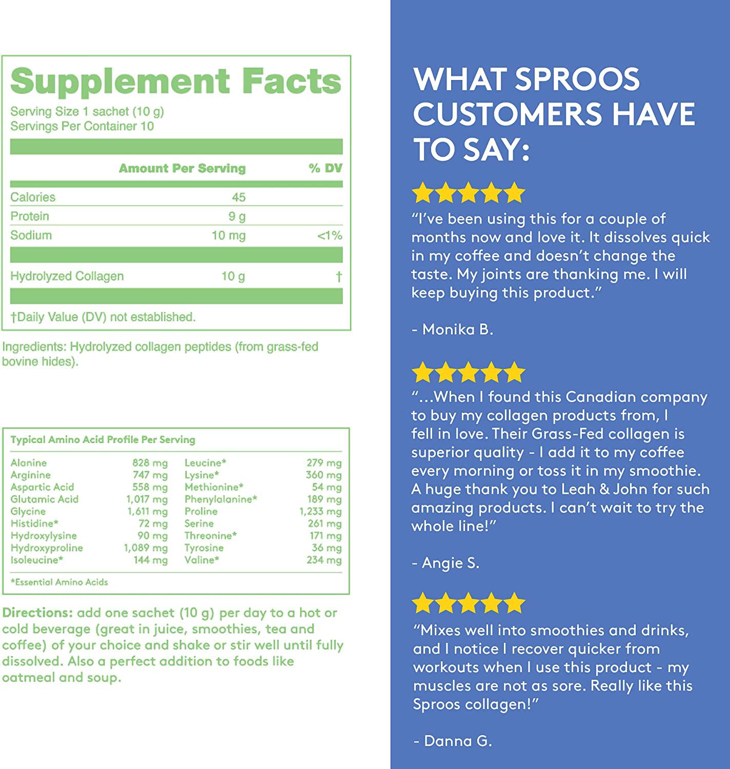 Grass Fed Collagen Powder by SPROOS | Premium Pasture-Raised, Grass-Finished, Non-GMO and Gluten-Free Bovine Collagen Powder | 9g of Protein per 10g Unflavored and Odorless, 10.6 Oz Tub