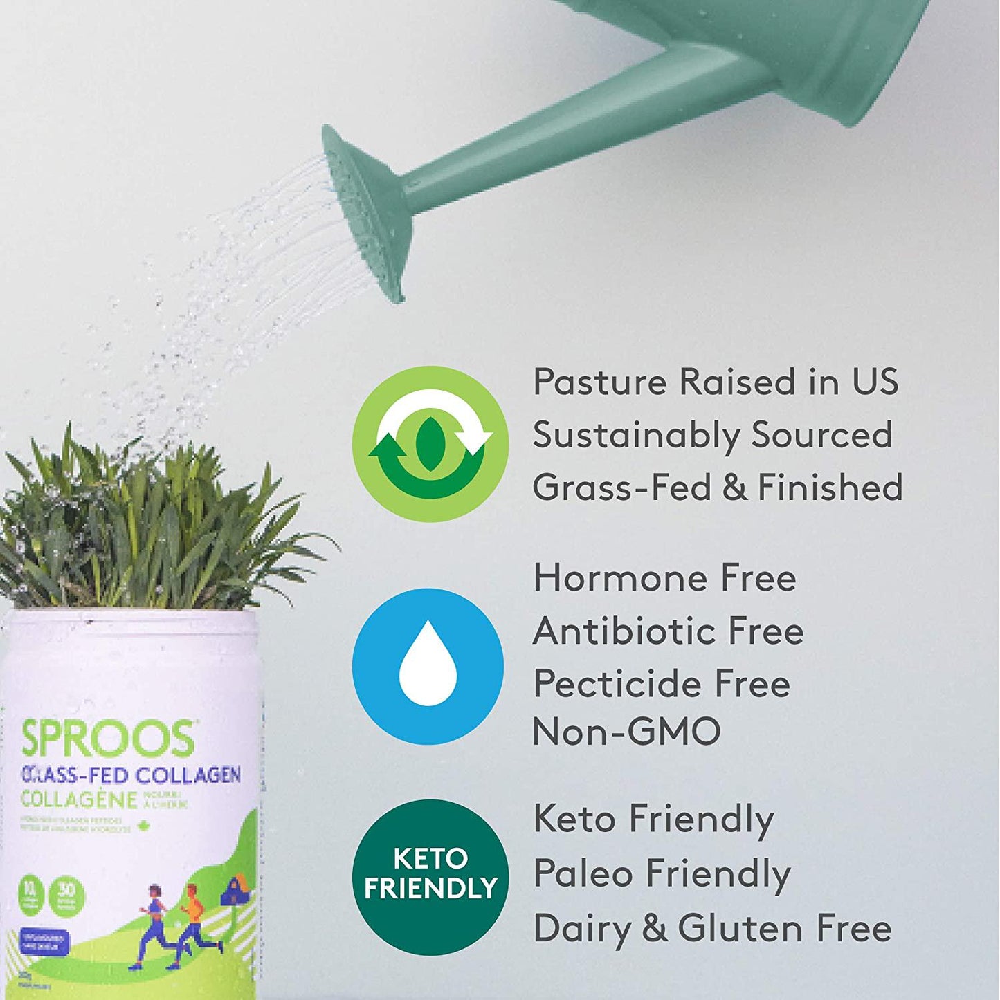Grass Fed Collagen Powder by SPROOS | Premium Pasture-Raised, Grass-Finished, Non-GMO and Gluten-Free Bovine Collagen Powder | 9g of Protein per 10g Unflavored and Odorless, 10.6 Oz Tub