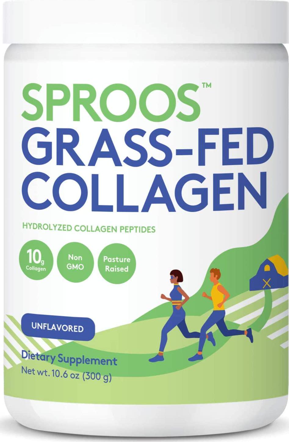 Grass Fed Collagen Powder by SPROOS | Premium Pasture-Raised, Grass-Finished, Non-GMO and Gluten-Free Bovine Collagen Powder | 9g of Protein per 10g Unflavored and Odorless, 10.6 Oz Tub