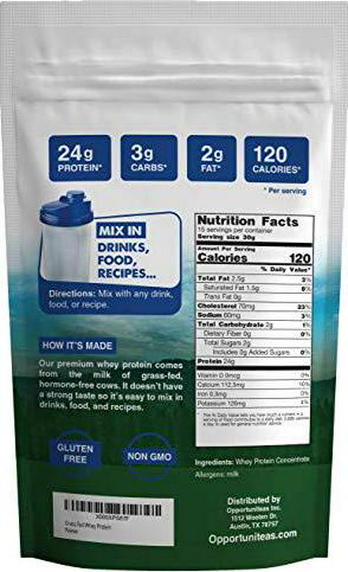 Grass Fed Whey Protein Powder Concentrate - Unflavored and Unsweetened - Pure Protein Supplement for Drink, Smoothie, Shake, Cooking and Baking - Non GMO, Hormone Free and Gluten Free - 1 Pound