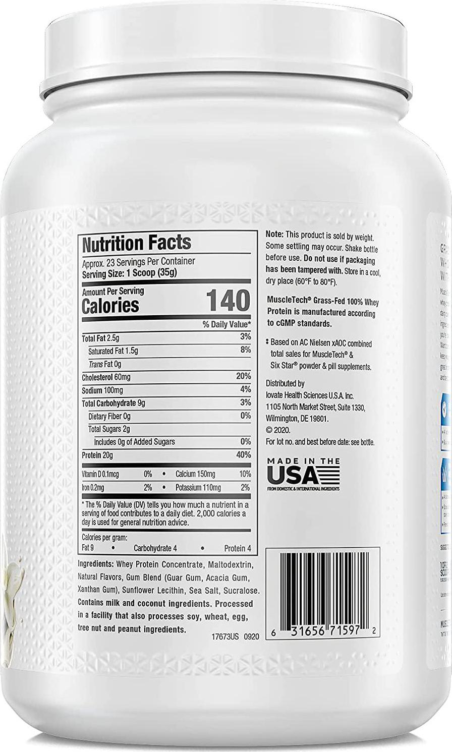 Grass Fed Whey Protein | MuscleTech Grass Fed Whey Protein Powder | Protein Powder for Muscle Gain | Growth Hormone Free, Non-GMO, Gluten Free | 20g Protein + 4.3g BCAA | Deluxe Vanilla, 1.8 lbs