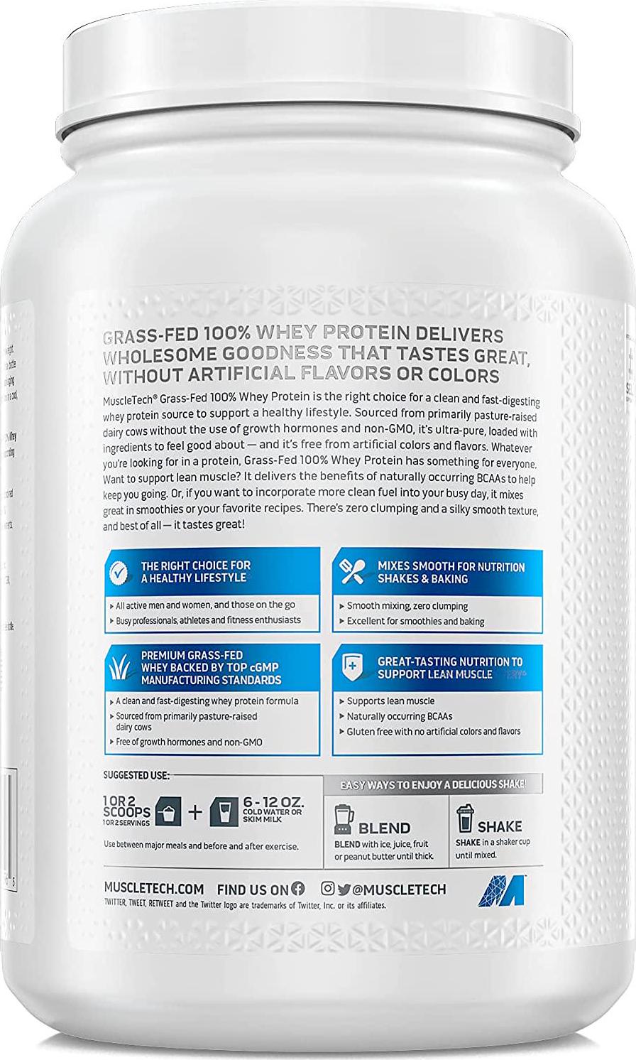 Grass Fed Whey Protein, MuscleTech Grass Fed Whey Protein Powder, Protein Powder for Women and Men, Growth Hormone Free, Non-GMO, Gluten Free, 20g Protein and 4.3g BCAA, Chocolate, 816 g (23 Servings)