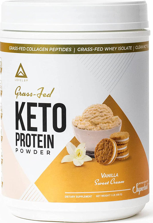 Grass-fed Keto Protein Powder: Collagen Peptides | Pure C8 MCT Oil | Irish Butter | Whey Protein Isolate | Best Ketogenic Protein Shake Supplement | by LevelUp (Vanilla Sweet Cream)