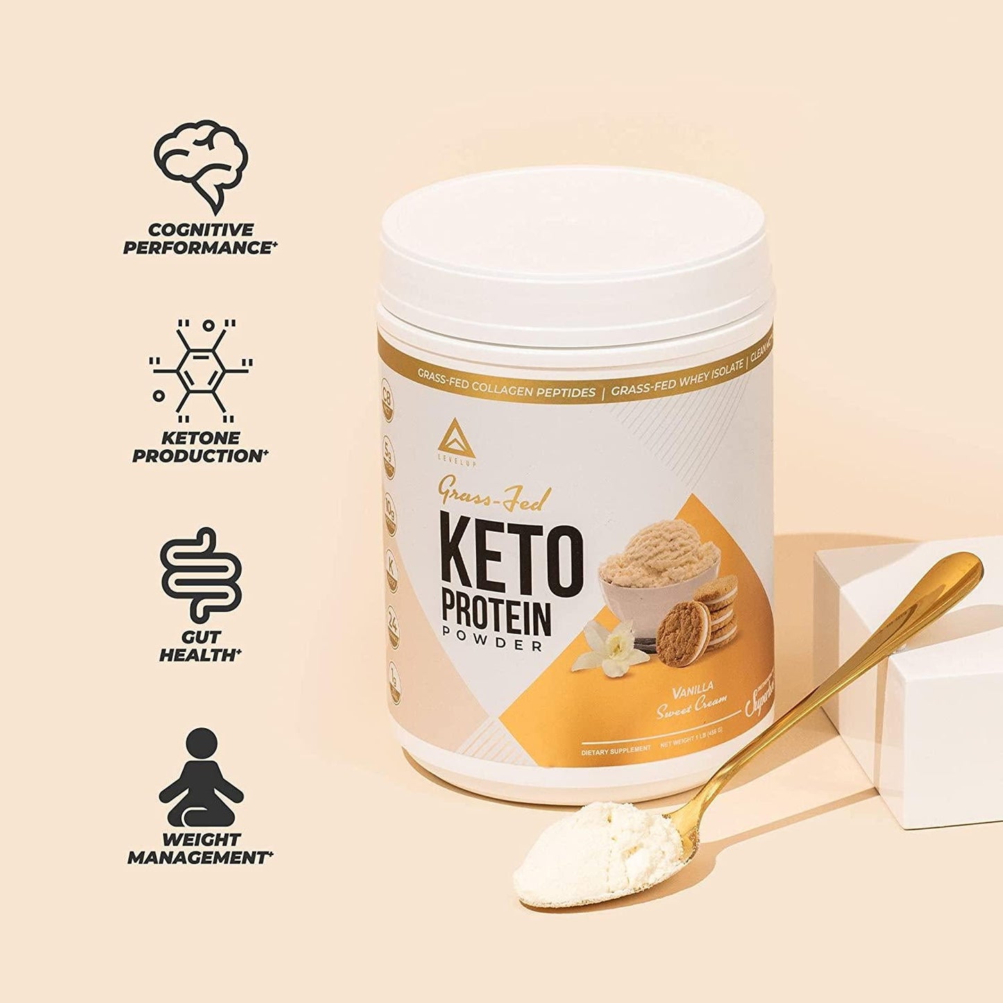 Grass-fed Keto Protein Powder: Collagen Peptides | Pure C8 MCT Oil | Irish Butter | Whey Protein Isolate | Best Ketogenic Protein Shake Supplement | by LevelUp (Vanilla Sweet Cream)