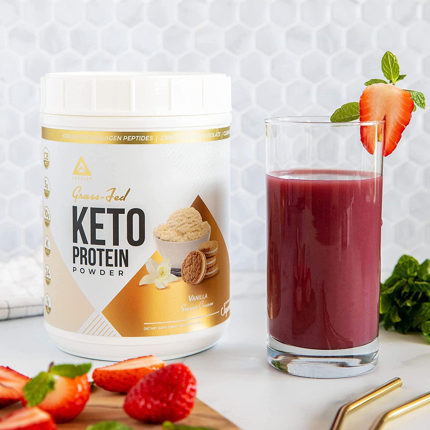 Grass-fed Keto Protein Powder: Collagen Peptides | Pure C8 MCT Oil | Irish Butter | Whey Protein Isolate | Best Ketogenic Protein Shake Supplement | by LevelUp (Vanilla Sweet Cream)