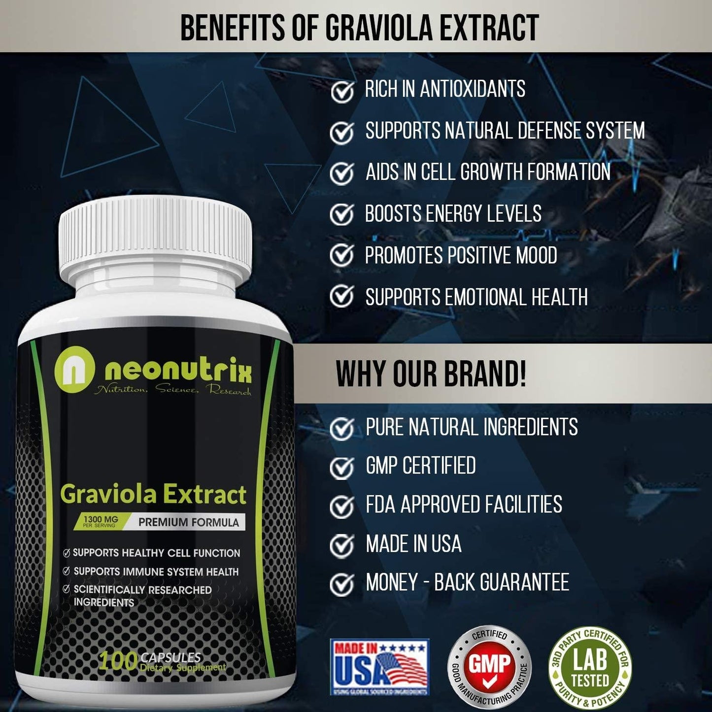 Graviola Extract Capsules 1300 mg - Guanabana Soursop Leaves Supplement for Immune Support, Cell Growth and Energy Levels 100 Capsules Made in USA by Neonutrix