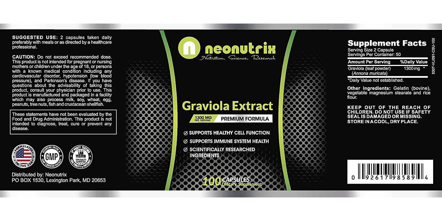 Graviola Extract Capsules 1300 mg - Guanabana Soursop Leaves Supplement for Immune Support, Cell Growth and Energy Levels 100 Capsules Made in USA by Neonutrix