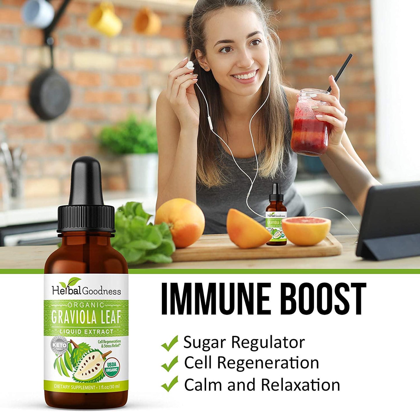 Graviola Leaf Extract Liquid - Soursop (Guanabana) Leaves USDA Organic, Non GMO, Kosher Cell Support and Regeneration and Stress Relief - Immune Boost Made in USA by Herbal Goodness - 1oz Bottle