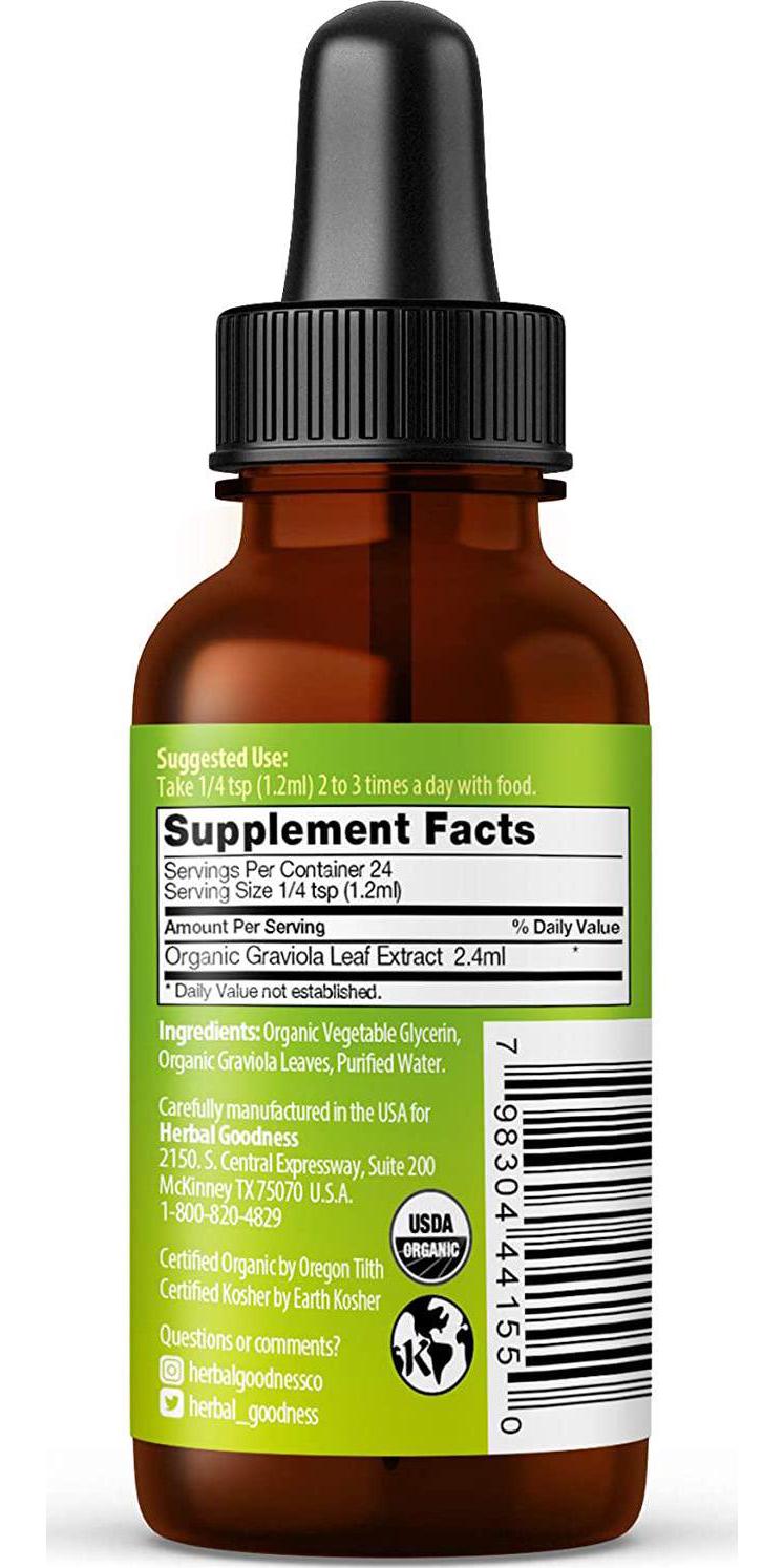 Graviola Leaf Extract Liquid - Soursop (Guanabana) Leaves USDA Organic, Non GMO, Kosher Cell Support and Regeneration and Stress Relief - Immune Boost Made in USA by Herbal Goodness - 1oz Bottle