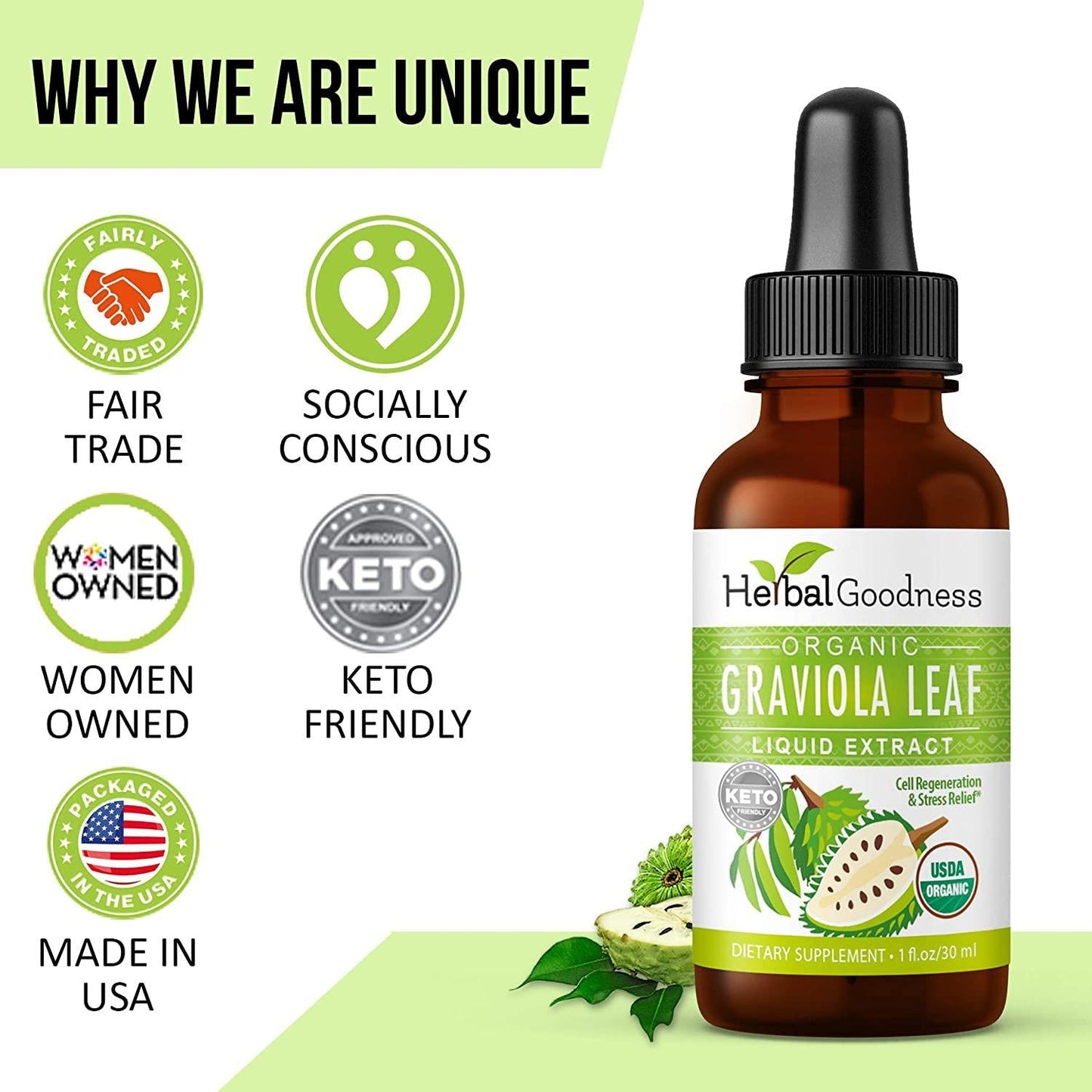 Graviola Leaf Extract Liquid - Soursop (Guanabana) Leaves USDA Organic, Non GMO, Kosher Cell Support and Regeneration and Stress Relief - Immune Boost Made in USA by Herbal Goodness - 1oz Bottle