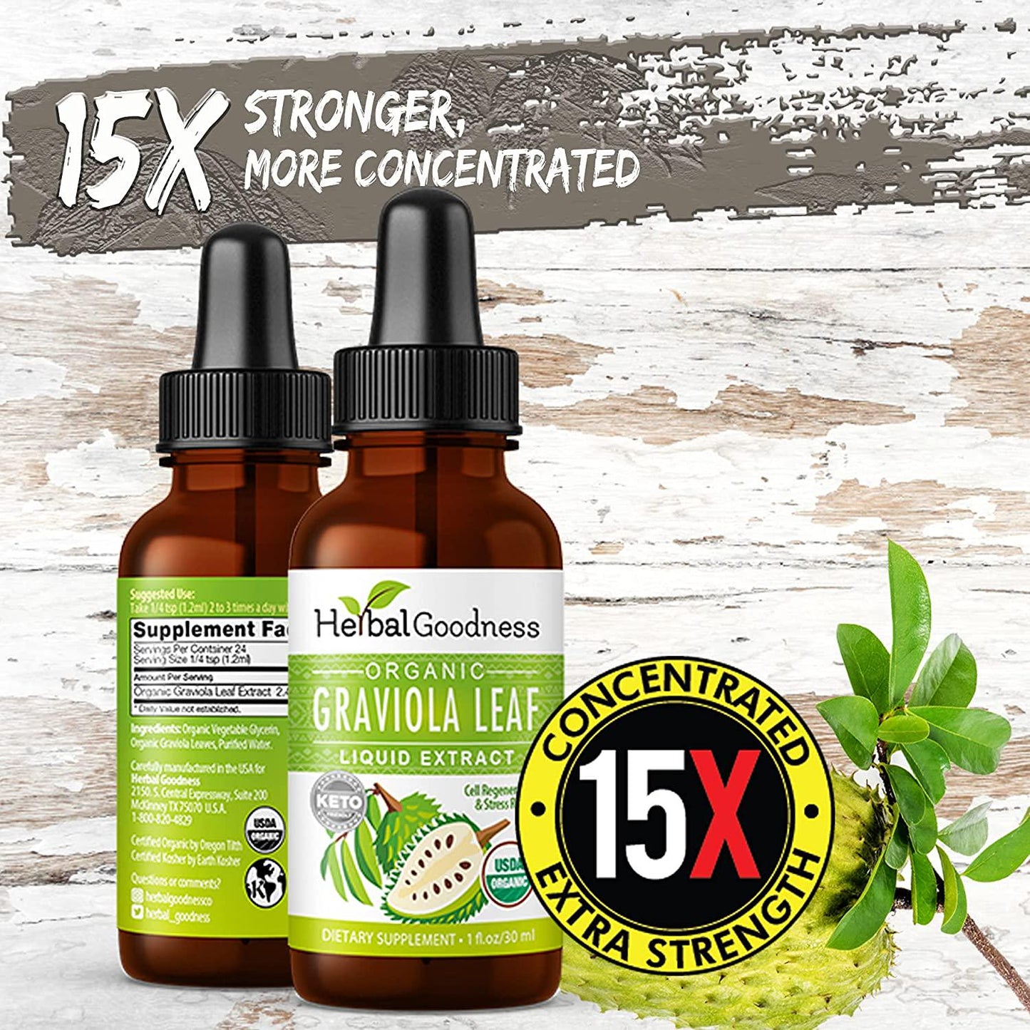 Graviola Leaf Extract Liquid - Soursop (Guanabana) Leaves USDA Organic, Non GMO, Kosher Cell Support and Regeneration and Stress Relief - Immune Boost Made in USA by Herbal Goodness - 1oz Bottle