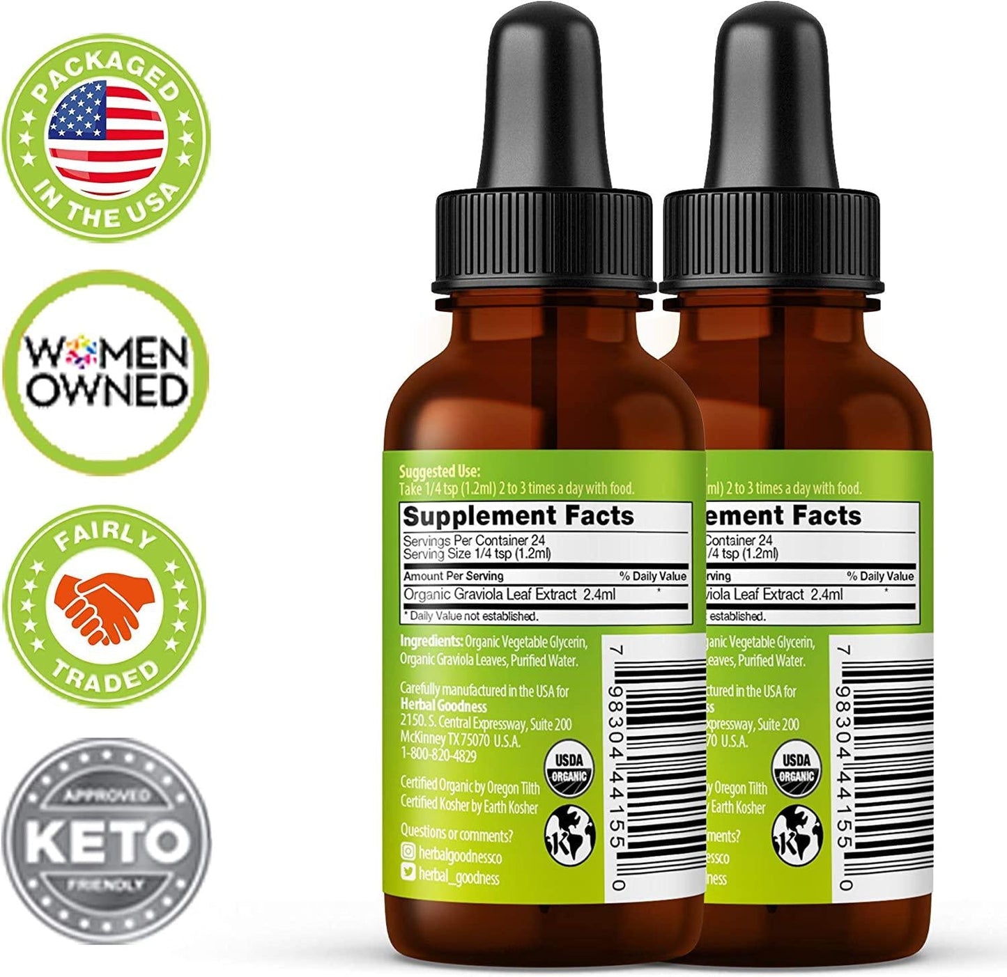 Graviola Leaf Extract Liquid - Soursop (Guanabana) Leaves USDA Organic, Non GMO, Kosher Cell Support and Regeneration and Stress Relief - Immune Boost Made in USA by Herbal Goodness - 1oz Bottle