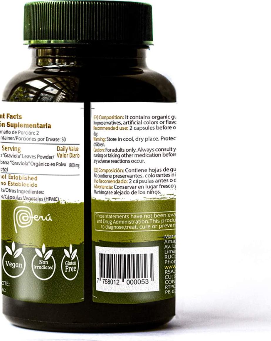 Graviola Powder Capsules - 100 Pills * 400 mg - Soursop Organic - Supplement from Peru - Vegan - Andes