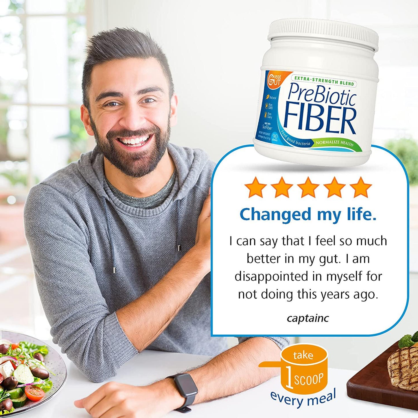 Great Gut - Prebiotic Fiber Powder, Extra-Strength Blend for Immune and Gut Health, Supports Digestive Enzymes, Unflavored Prebiotic Fiber with Sunfiber, 20 Ounces, 90 Servings