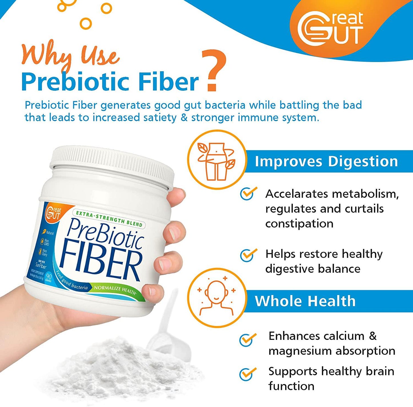 Great Gut - Prebiotic Fiber Powder, Extra-Strength Blend for Immune and Gut Health, Supports Digestive Enzymes, Unflavored Prebiotic Fiber with Sunfiber, 20 Ounces, 90 Servings