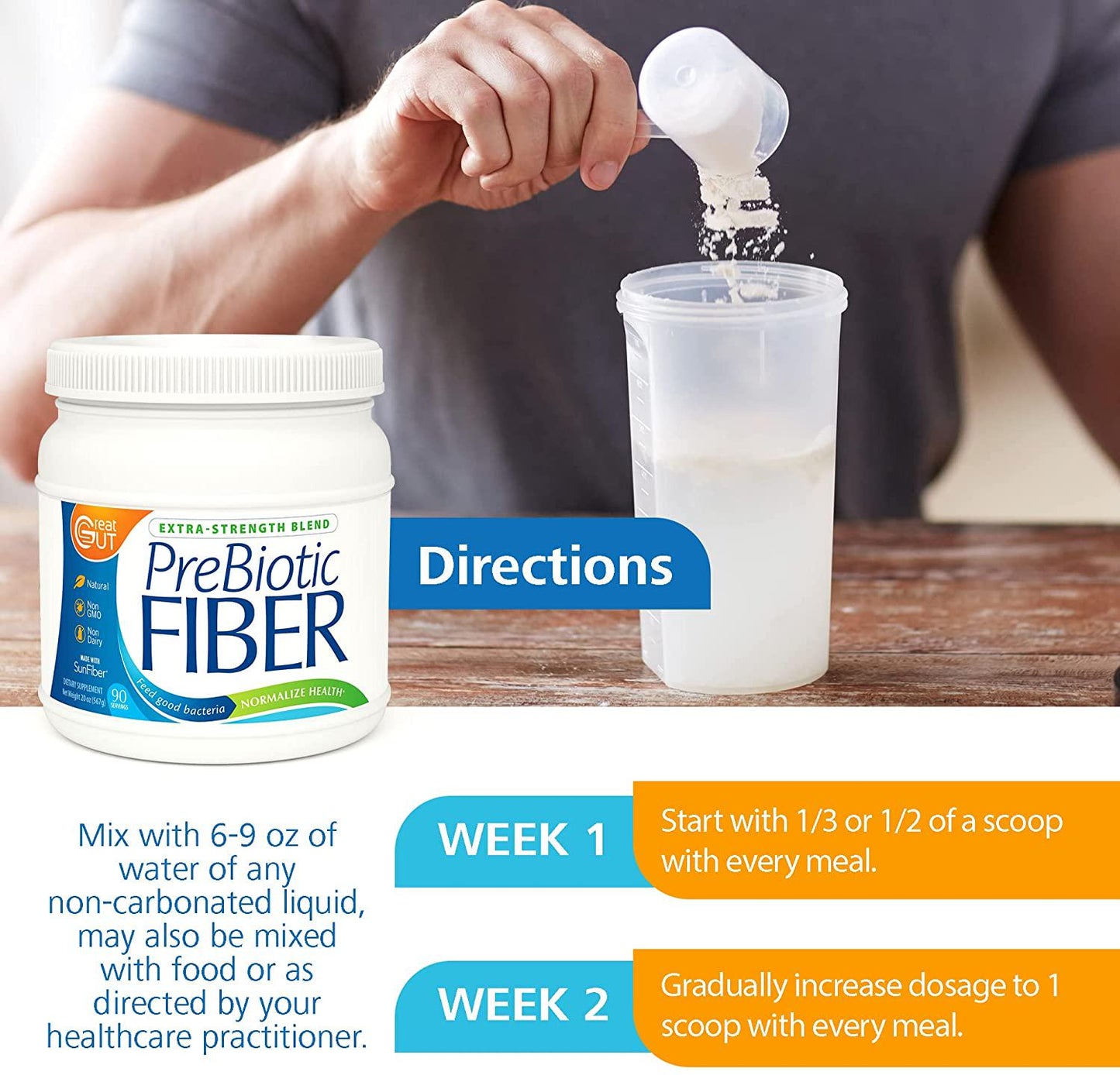 Great Gut - Prebiotic Fiber Powder, Extra-Strength Blend for Immune and Gut Health, Supports Digestive Enzymes, Unflavored Prebiotic Fiber with Sunfiber, 20 Ounces, 90 Servings