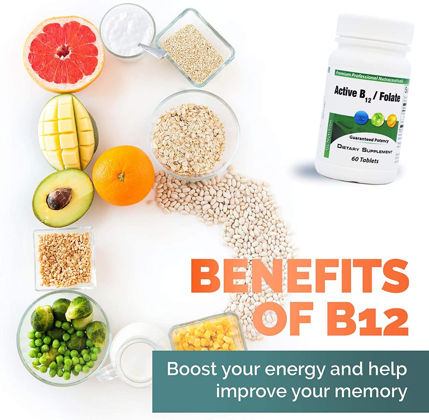 Great Lakes Nutrition Active B12 with Folate, Vegan Vitamin B Supplement for Men and Women, 60 Tablets