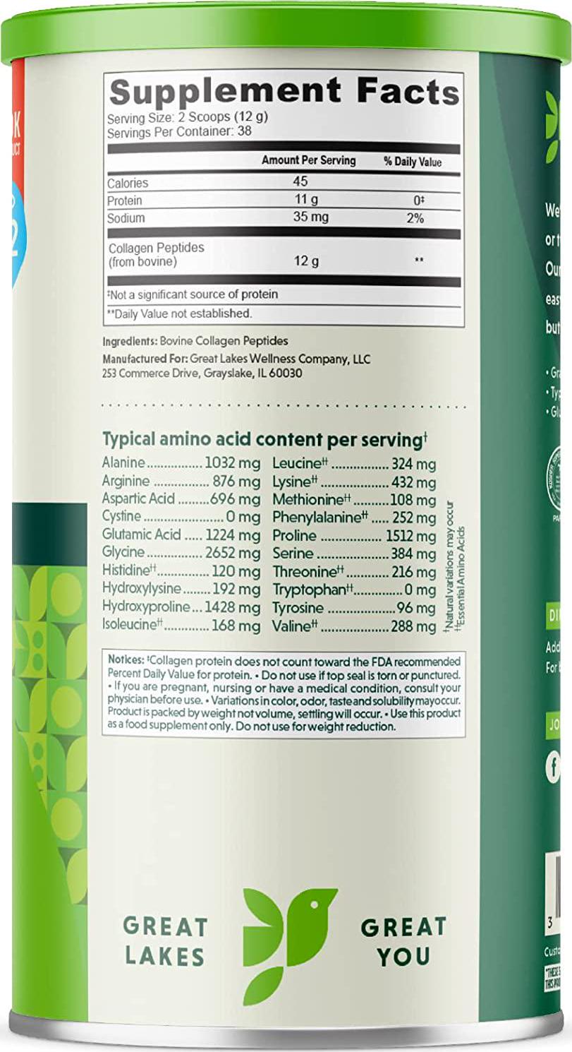 Great Lakes Wellness Collagen Peptides Powder Supplement for Skin Hair Nail Joints - Unflavored - Quick Dissolve Hydrolyzed, Non-GMO, KETO, Paleo Friendly, Gluten-Free, No Preservatives, Halal - 16 oz Canister - 4 pack