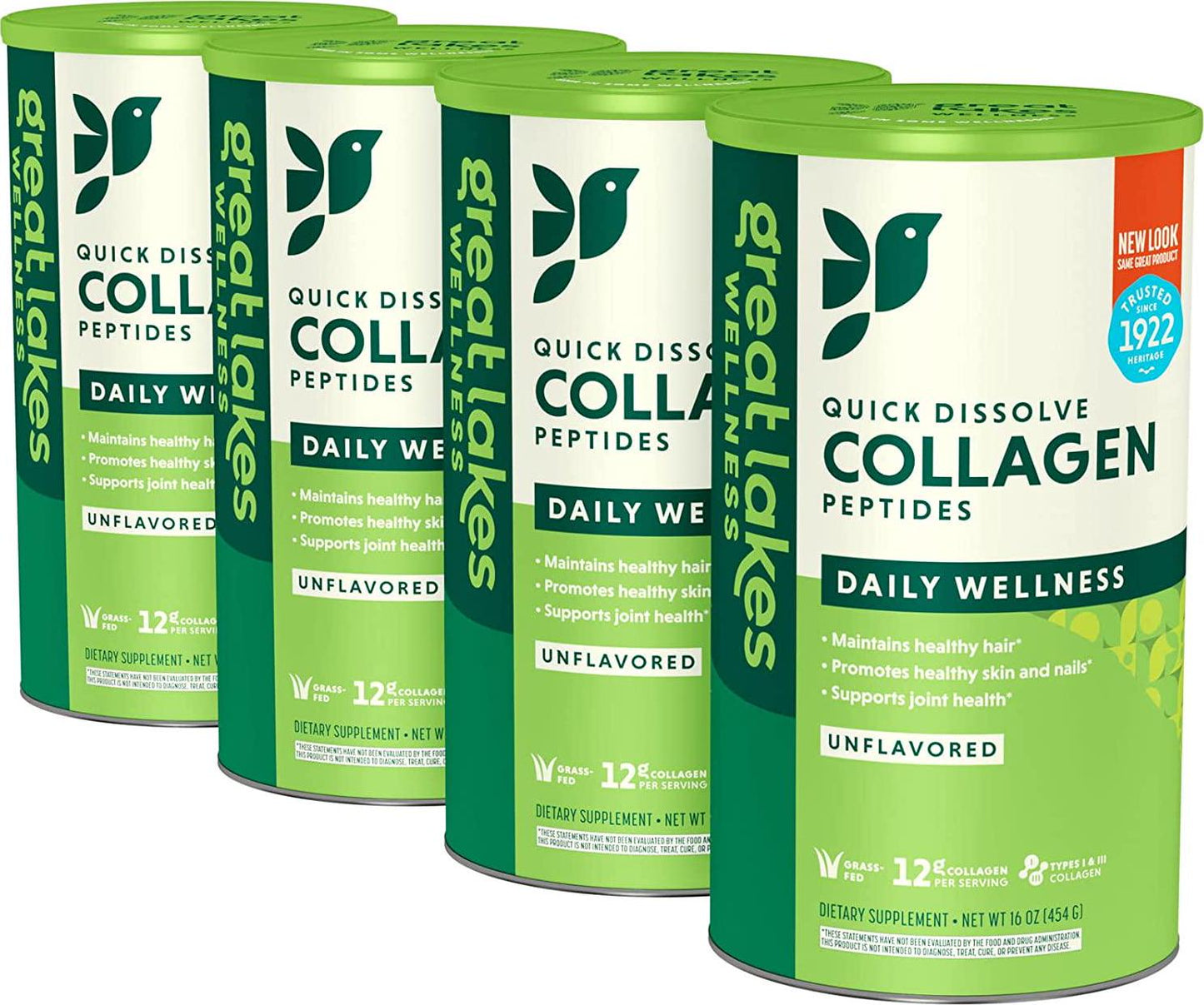 Great Lakes Wellness Collagen Peptides Powder Supplement for Skin Hair Nail Joints - Unflavored - Quick Dissolve Hydrolyzed, Non-GMO, KETO, Paleo Friendly, Gluten-Free, No Preservatives, Halal - 16 oz Canister - 4 pack