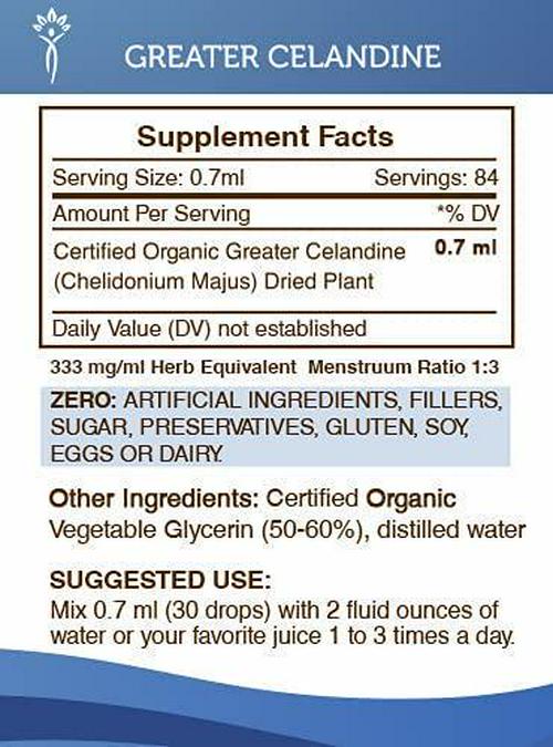 Greater Celandine Alcohol-Free Liquid Extract, Organic Greater Celandine (Chelidonium Majus) Tincture Supplement (2 FL OZ)