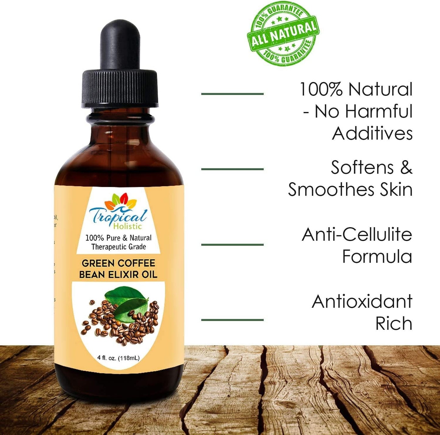 Green Coffee Bean Elixir Oil 4 oz -100% Pure Unrefined Blended Total Body Massage Oil for Cellulite, Weight Loss, Massage, Smoother, Firmer Skin